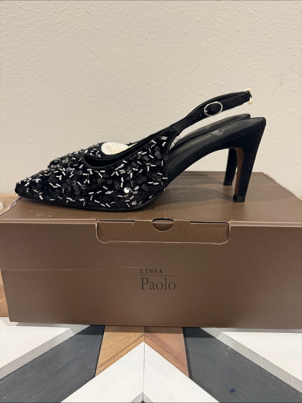 Linea Paolo Black Sequin Velvet Slingback Heels Size 9 New in Box